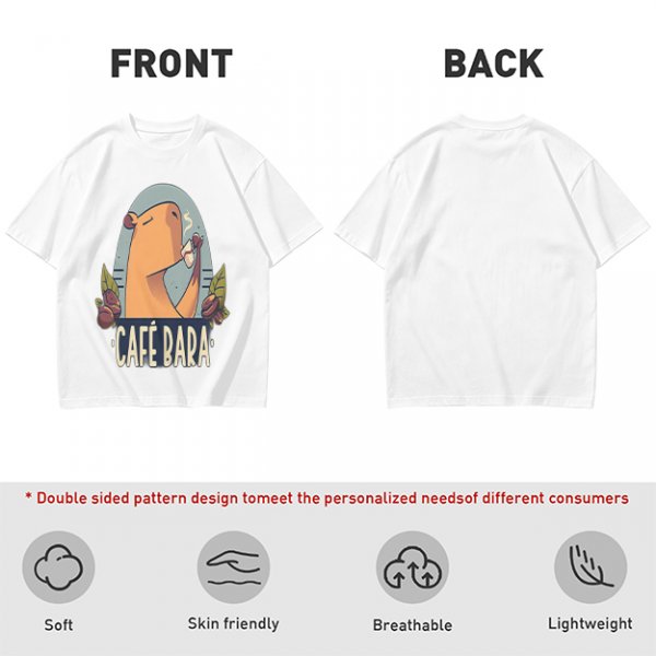 Olive t-shirt with capybara drinking coffee graphic