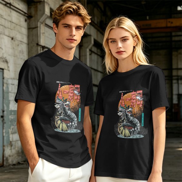 Olive T-Shirt with Japanese Dragon and Sun Graphic Print