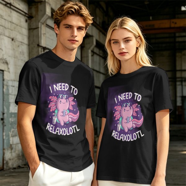 Olive t-shirt with axolotl 'I need to relaxolotl' graphic