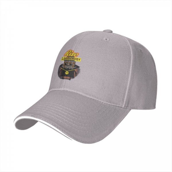 Black baseball cap with Rise Darkness block figure graphic