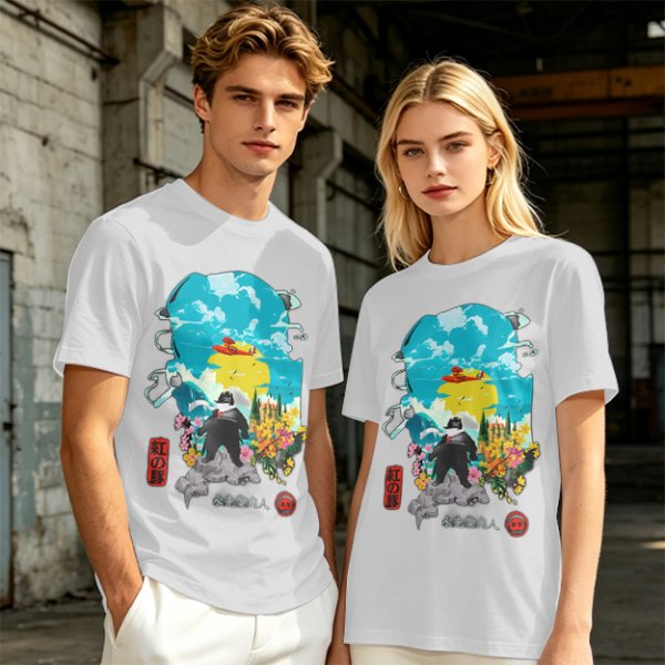 Olive T-shirt with anime pig pilot and seaplane graphic