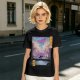 Olive T-shirt with Cyberpunk City Bridge Character Art Print