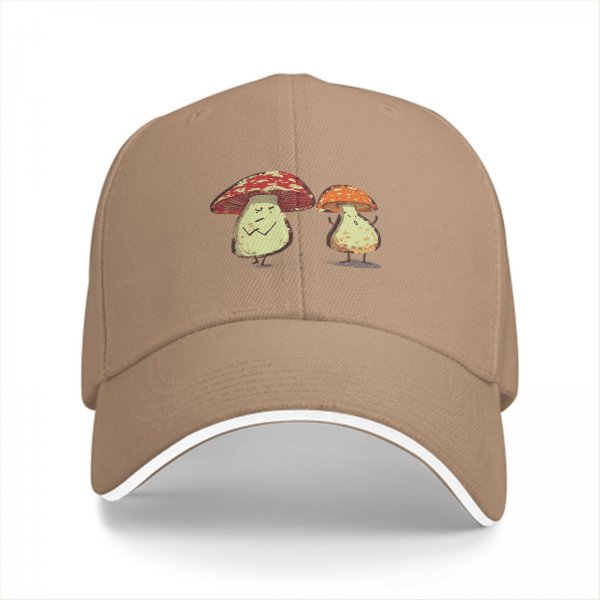 Black Baseball Cap With Cartoon Grumpy Mushroom Characters Print