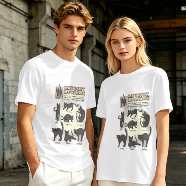 Olive T-Shirt With Cat Body Language Illustrations