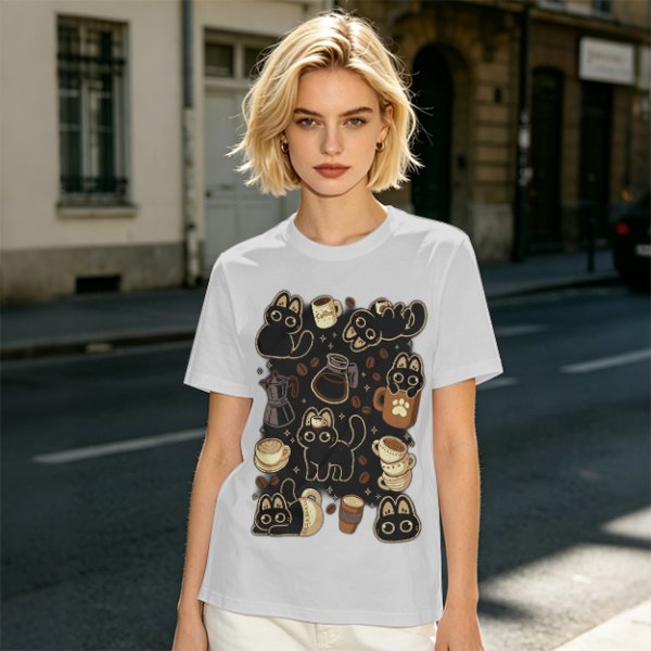 Olive T-Shirt With Cute Black Cats And Coffee Themed Print