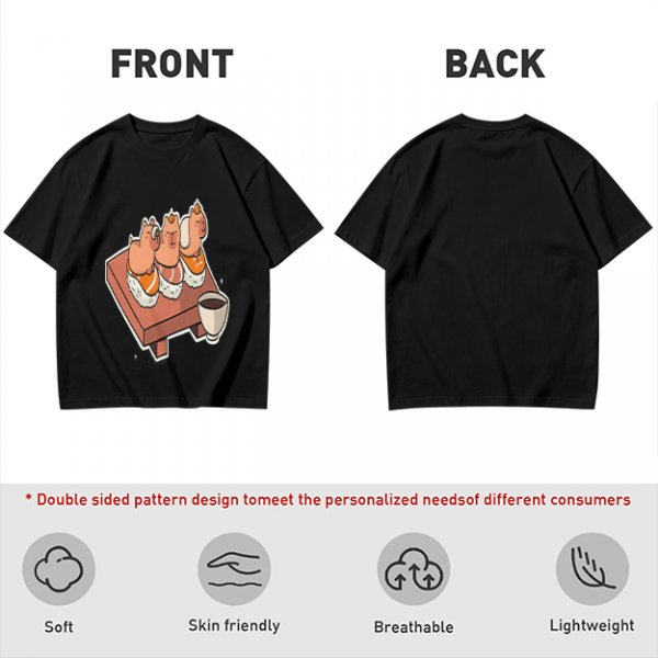 Olive green t-shirt with capybara sushi print design