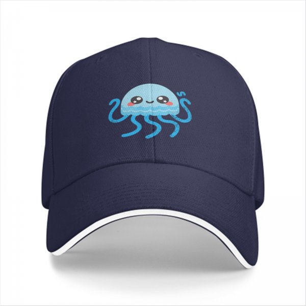 Black Baseball Cap With Cute Kawaii Light Blue Jellyfish Print