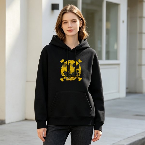 Black hoodie with Thousand Sunny pirate ship graphic design