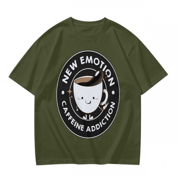 Olive t-shirt with 'New Emotion Caffeine Addiction' coffee cup graphic