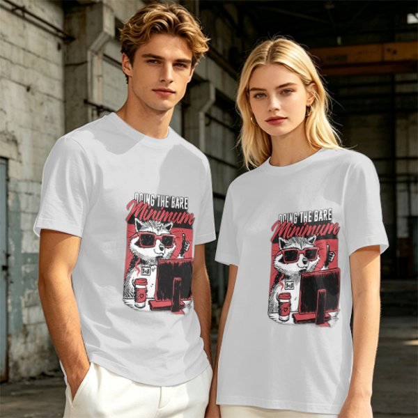 Olive graphic t-shirt with raccoon doing the bare minimum at computer