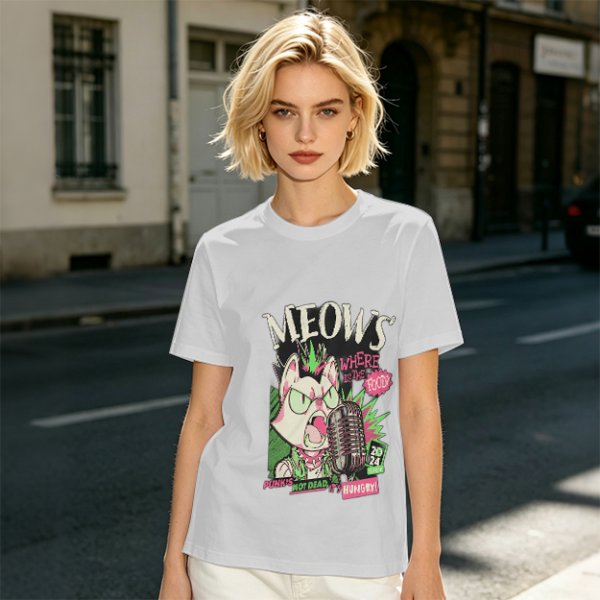 Olive T-Shirt with Punk Rock Cat Singing Microphone Graphic