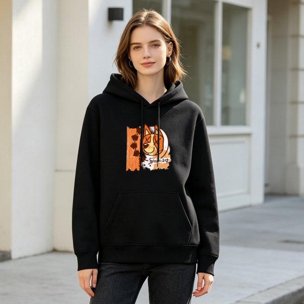 Black Hoodie With Stylized Dog Graphic Print