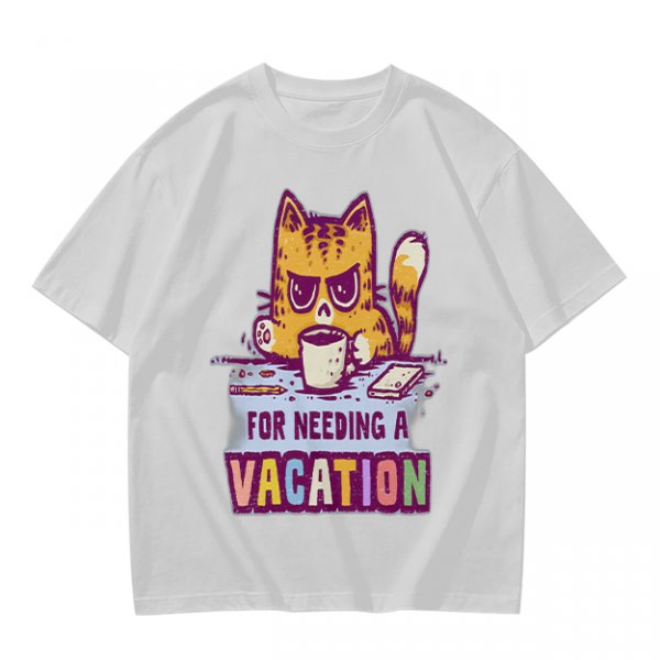 Olive t-shirt with a grumpy cat needing a vacation print