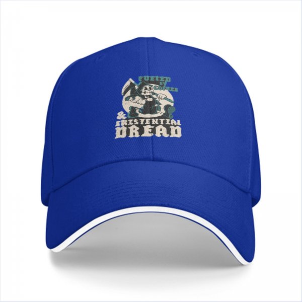 Black baseball cap with 'Fueled by Coffee & Existential Dread' grim reaper graphic