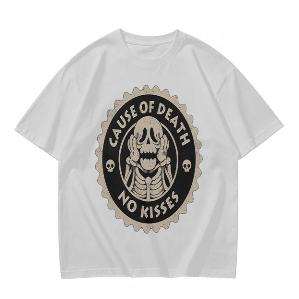 Olive T-shirt with 'Cause of Death No Kisses' Skeleton Graphic
