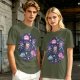 Olive T-shirt with Chibi Fantasy Characters and Whimsical Art Print