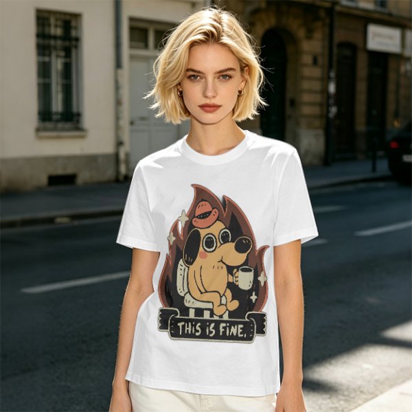 Olive T-Shirt Featuring the 'This Is Fine' Dog in Flames Holding Coffee