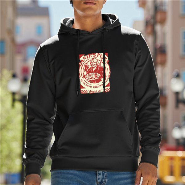 Black Hoodie with Retro Pizza Themed Graphic Print