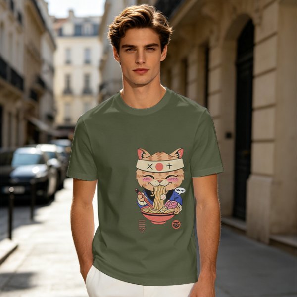 Olive green t-shirt with a cute cat eating ramen graphic