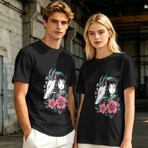 Olive T-shirt with Spirited Away Haku and Chihiro Anime Art Print