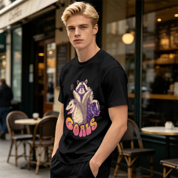 Olive Graphic T-Shirt With Raccoon Opossum Skunk 'GOALS' Print