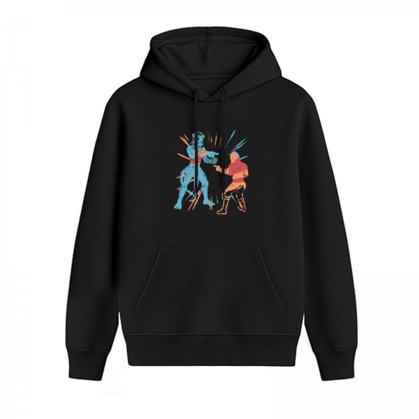 Black hoodie with retro fighting game character graphic print