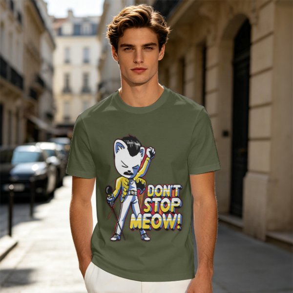 Olive graphic t-shirt with cat Freddie Mercury 'Don't Stop Meow' print