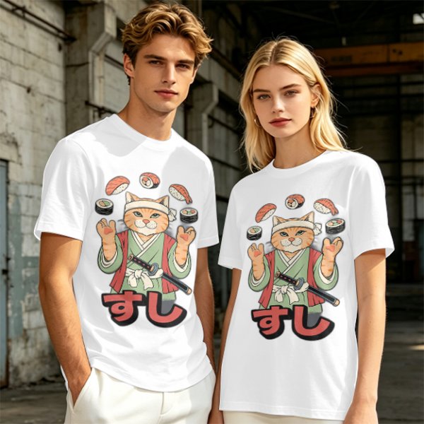 Olive T-Shirt With Cat Sushi Chef Juggling Sushi Print