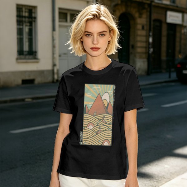 Olive T-Shirt With Retro Mountain And Ramen Noodle Landscape Print