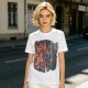 Olive T-shirt with 80s cartoon character crossover graphic
