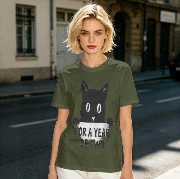 Olive graphic t-shirt with black cat holding 'for a year or two' text