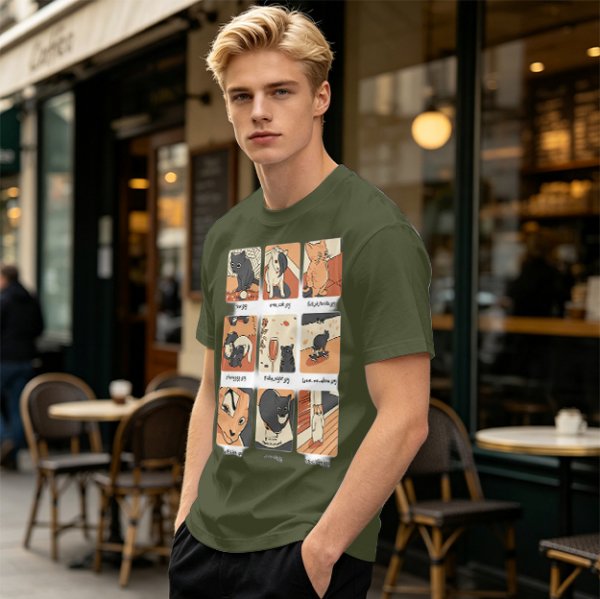 Olive T-Shirt with 9 Grid Cute Cat Illustrations Print