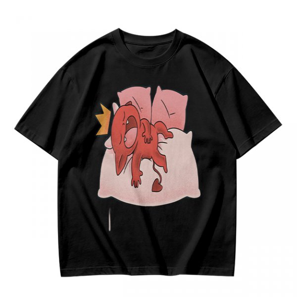 Olive T-Shirt With Cute Red Imp Yawning On Pillows Print