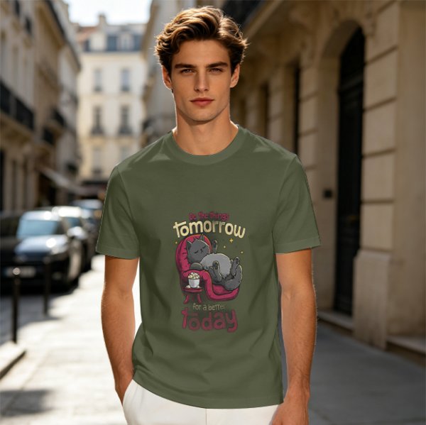Olive T-Shirt With Relaxed Cat 'Tomorrow For A Better Today' Print