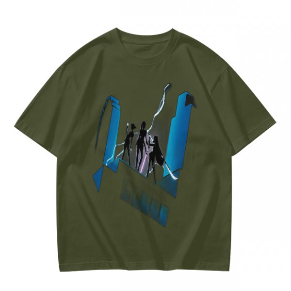 Olive Graphic T-Shirt With Futuristic Silhouette Figures Print