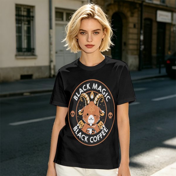Olive t-shirt with black magic black coffee goat graphic print