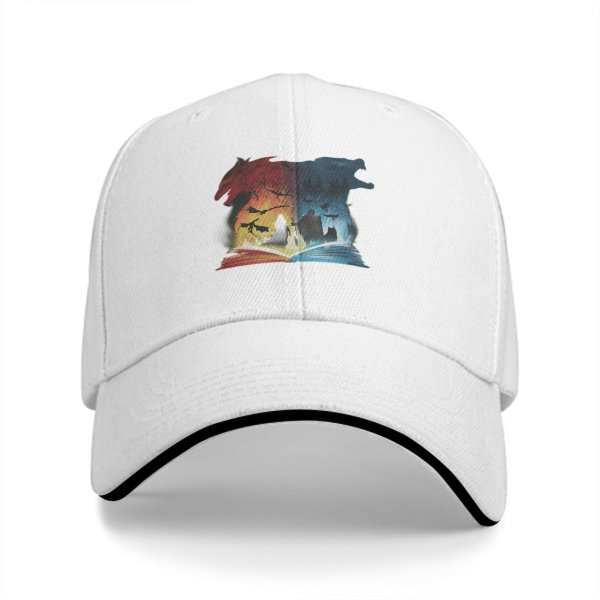 Black baseball cap with fantasy dragon and wolf open book graphic