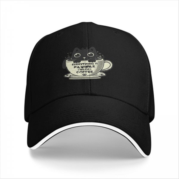Black Baseball Cap With Cat In Coffee Cup 'Everything Is Pawsible With Coffee' Print