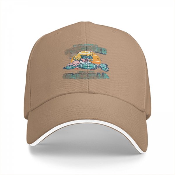 Black baseball cap with summer umbrella graphic and retro sun design