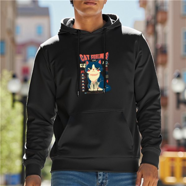 Black hoodie with a grumpy cat 'Cat Feelings' graphic print