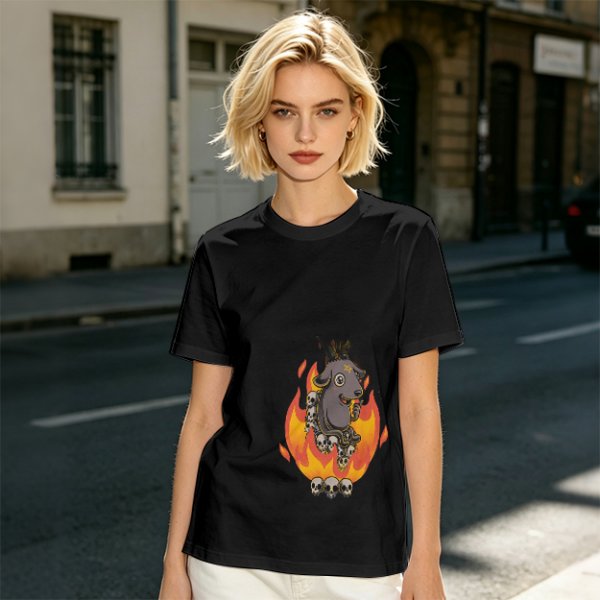 Olive T-Shirt With Cartoon Goat On Flames And Skulls Print
