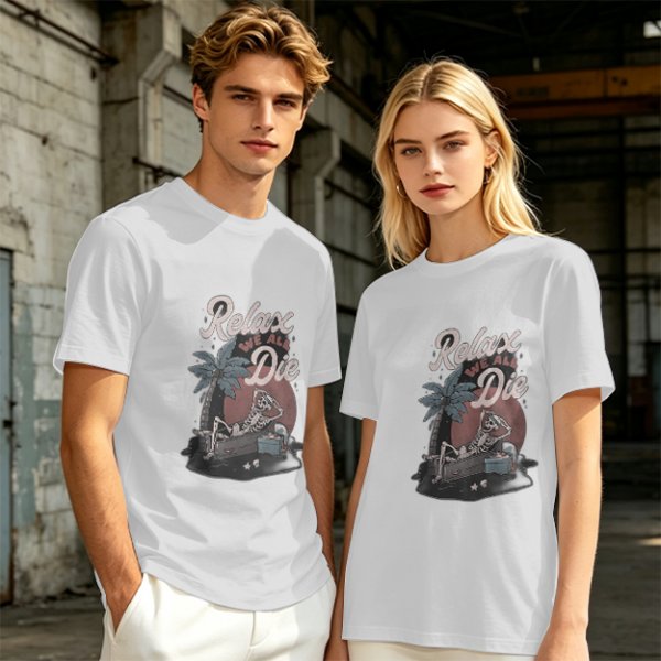 Olive graphic t-shirt with skeleton relaxing on coffin and 'Relax We All Die' text