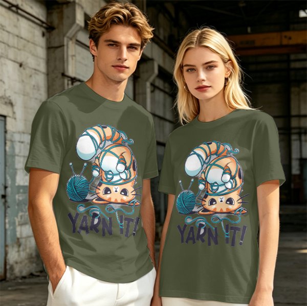 Olive T-shirt with Tangled Orange Cat Yarn It Print