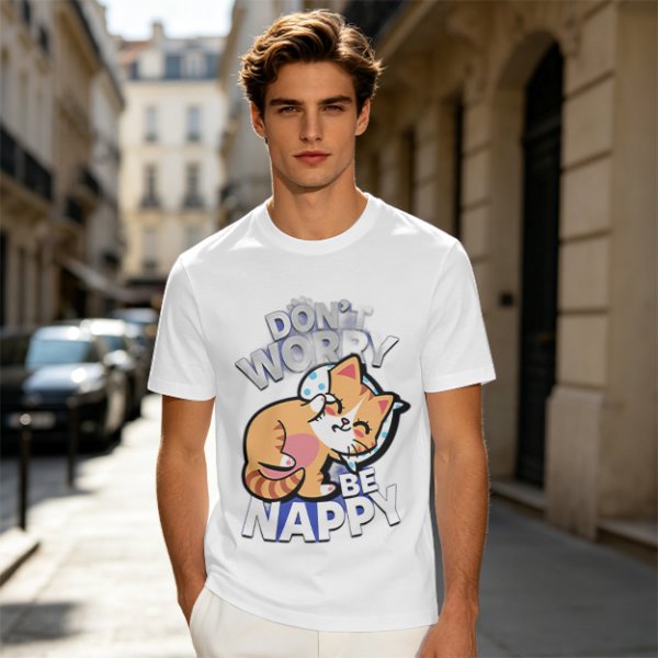 Olive T-Shirt with Don't Worry Be Nappy Sleeping Cat Graphic