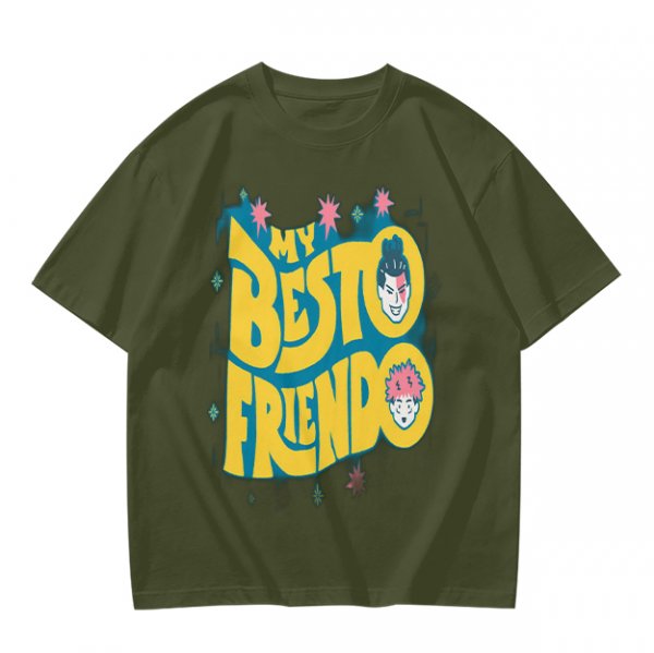 Olive graphic t-shirt with 'MY BESTO FRIENDO' anime character print