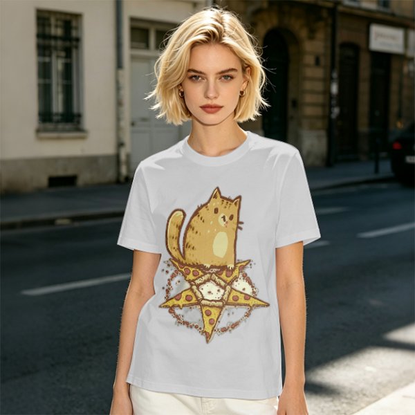 Olive T-Shirt With Cat Sitting On Pizza Pentagram Artwork