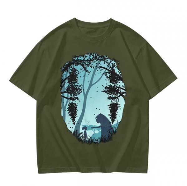 Olive T-Shirt With Silhouetted Forest Scene And Two Figures