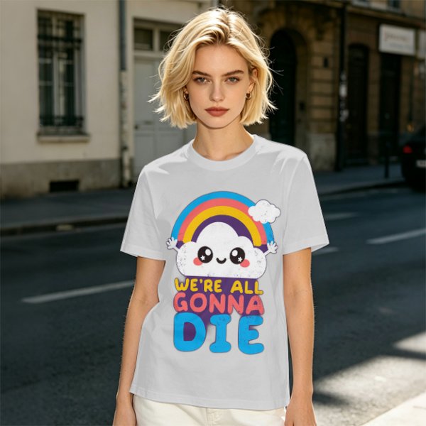 Olive T-Shirt With Cute Cloud Rainbow Graphic And 'We're All Gonna Die' Text