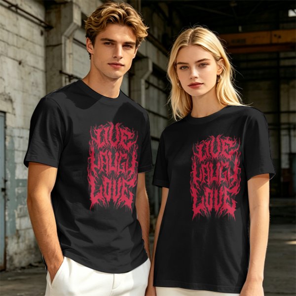 Olive green graphic t-shirt with dark metal style Live Laugh Love print