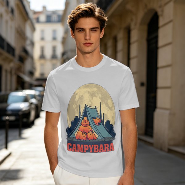 Capybara Camping Tent Full Moon Graphic T-Shirt